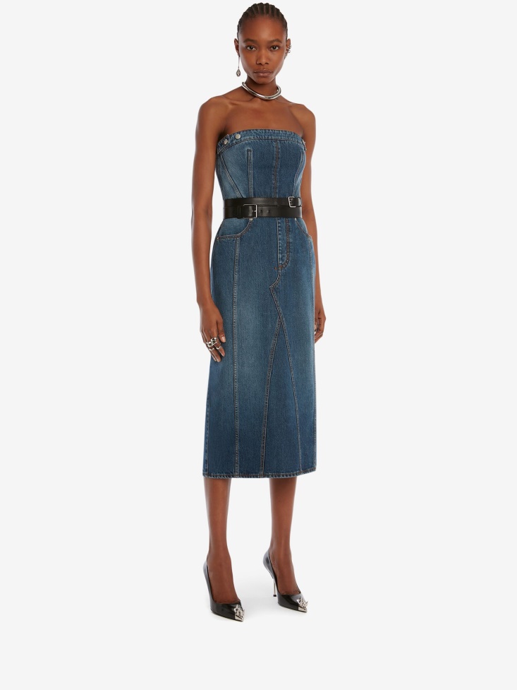 Fashion Alexander McQueen Women's Bustier Pencil Dress Denim