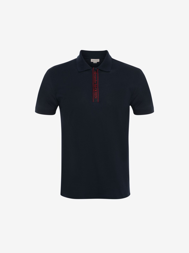 Ink Blue Fashion Alexander McQueen Men's Selvedge Logo Tape Polo Shirt