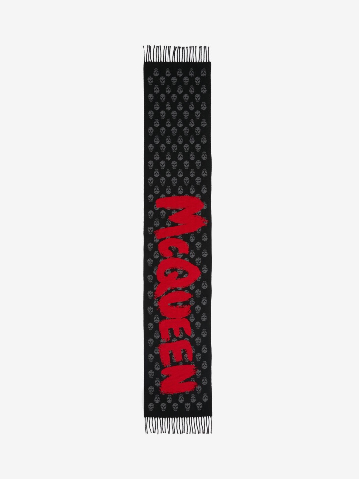 Black/Red Men's in Graffiti Skull Hybrid Scarf Fashion Alexander McQueen