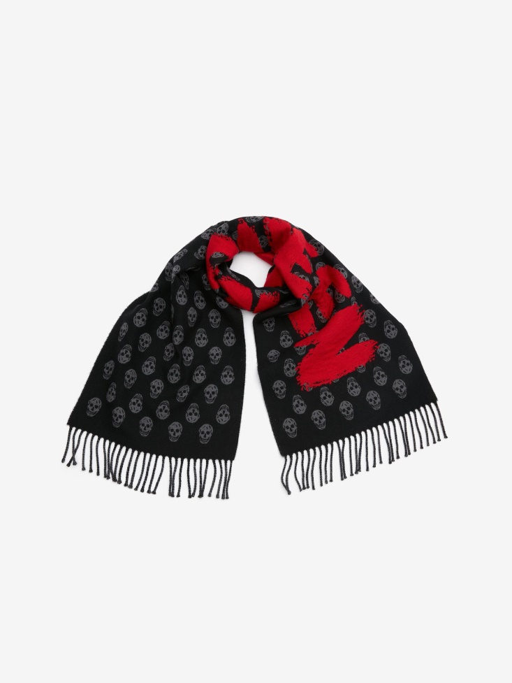 Black/Red Men's in Graffiti Skull Hybrid Scarf Fashion Alexander McQueen