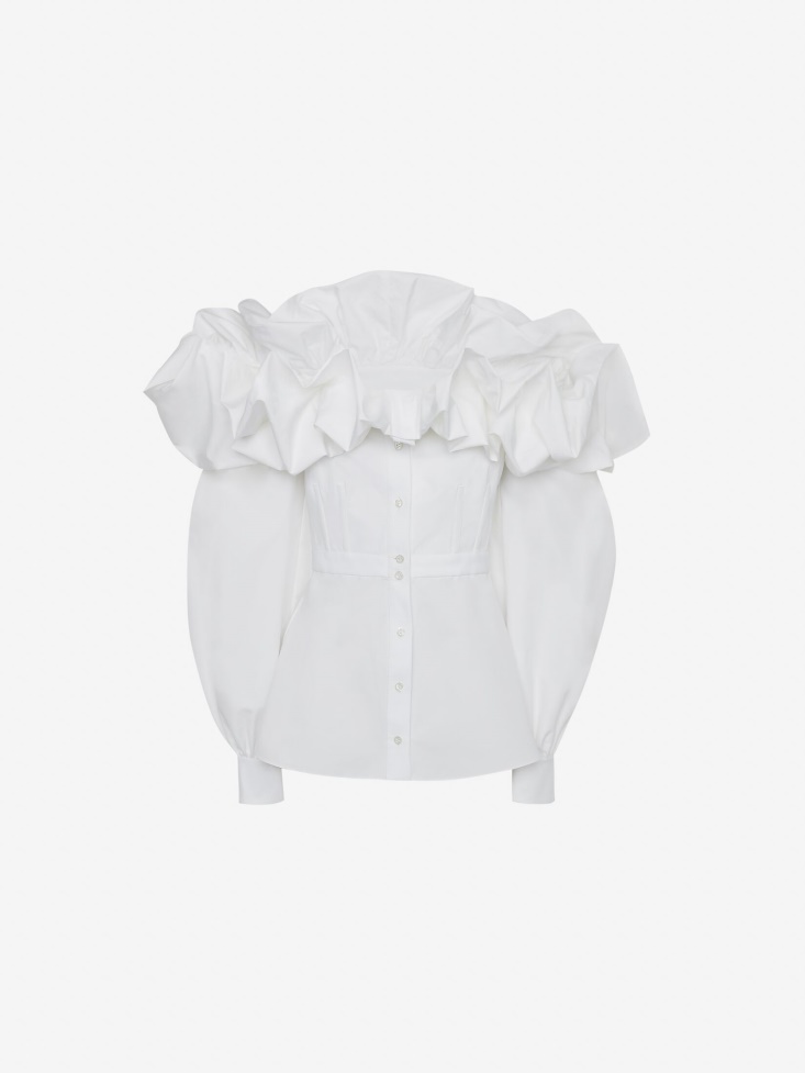 Optical White Fashion Alexander McQueen Women's Off-The-Shoulder Cocoon Sleeve Shirt