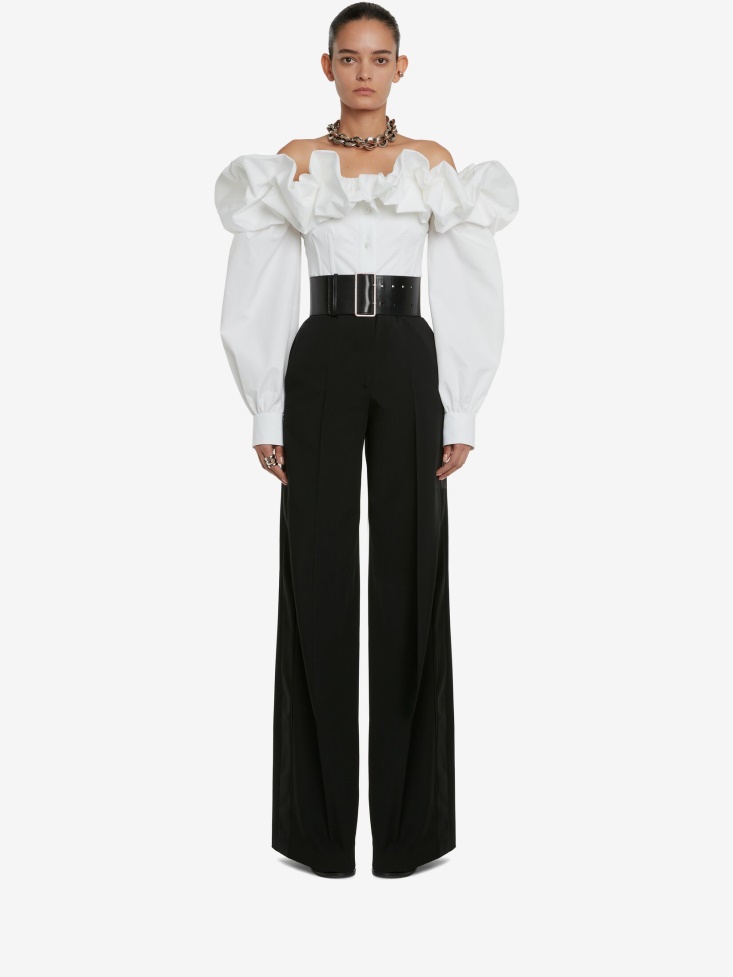 Optical White Fashion Alexander McQueen Women's Off-The-Shoulder Cocoon Sleeve Shirt