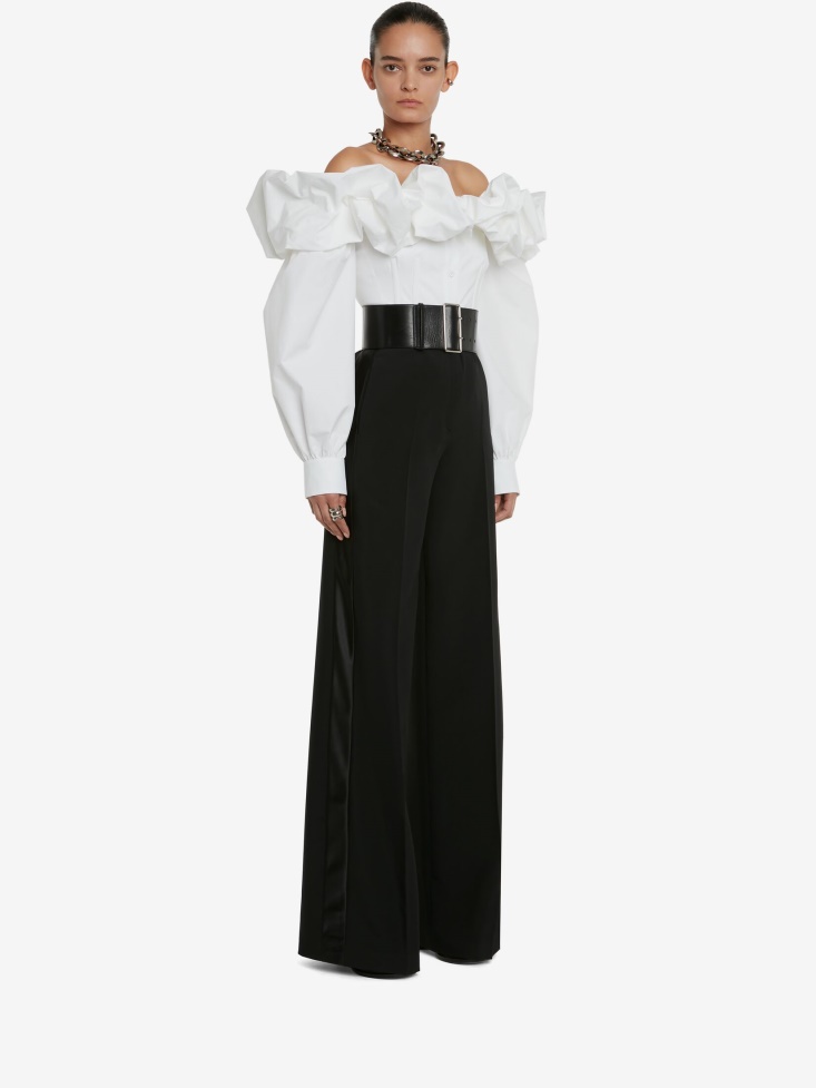 Optical White Fashion Alexander McQueen Women's Off-The-Shoulder Cocoon Sleeve Shirt