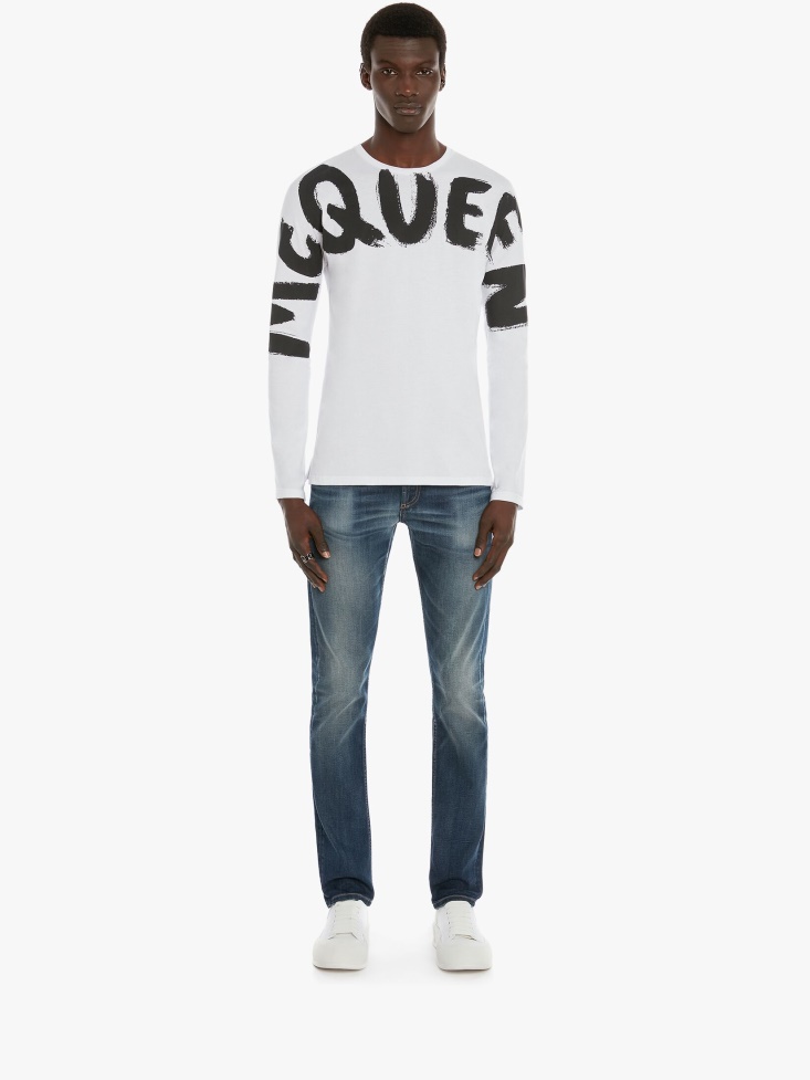 Fashion Alexander McQueen Washed Blue Men's in Graffiti Denim Jeans