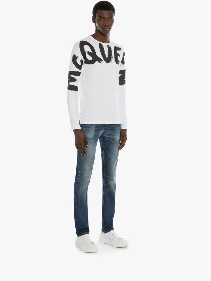 Fashion Alexander McQueen Washed Blue Men's in Graffiti Denim Jeans