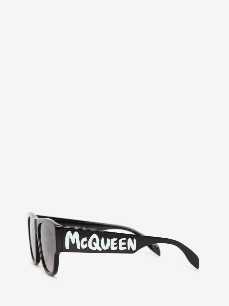 Fashion Alexander McQueen Men's in Graffiti Rectangular Sunglasses Black/White