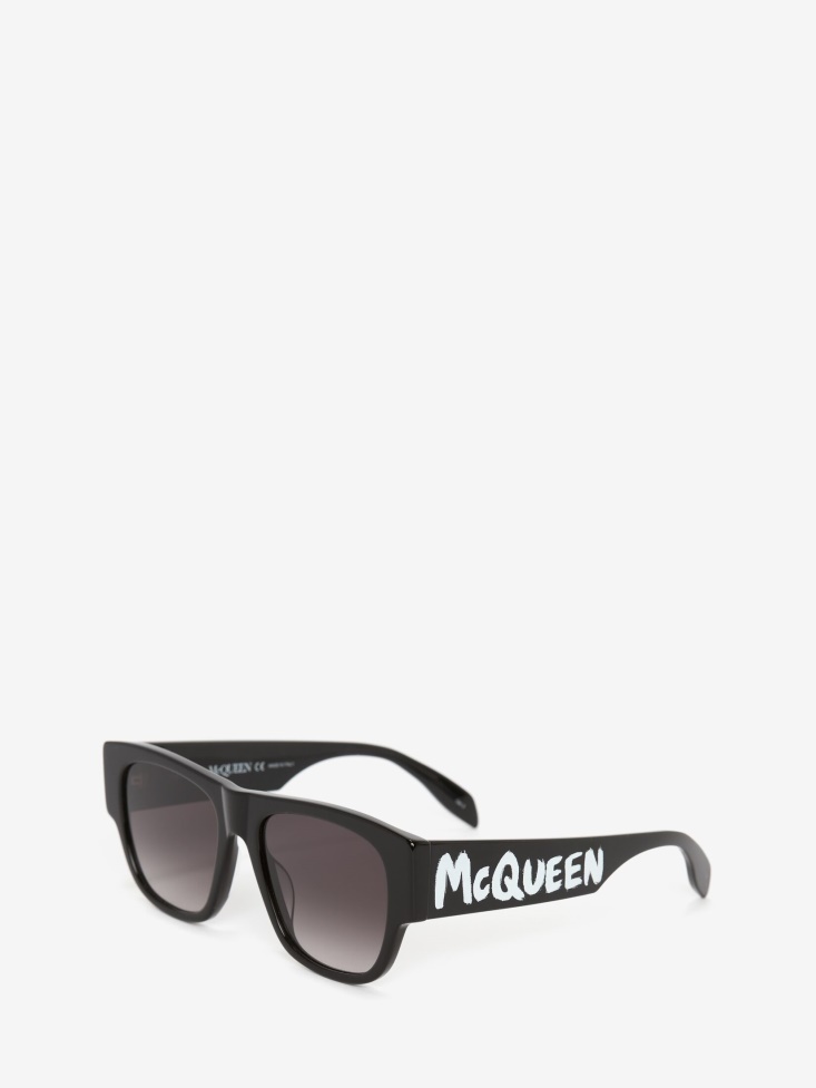 Fashion Alexander McQueen Men's in Graffiti Rectangular Sunglasses Black/White