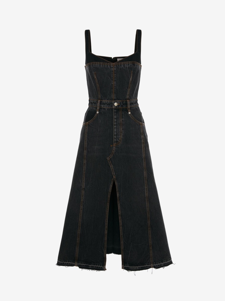 Women's Denim Trompe L'Oeil Pencil Dress Fashion Alexander McQueen Stone Washed Black