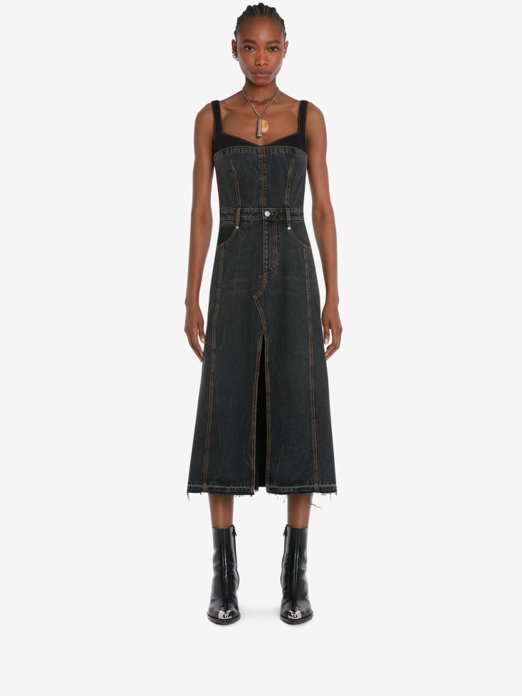 Women's Denim Trompe L'Oeil Pencil Dress Fashion Alexander McQueen Stone Washed Black