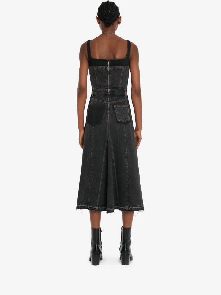 Women's Denim Trompe L'Oeil Pencil Dress Fashion Alexander McQueen Stone Washed Black