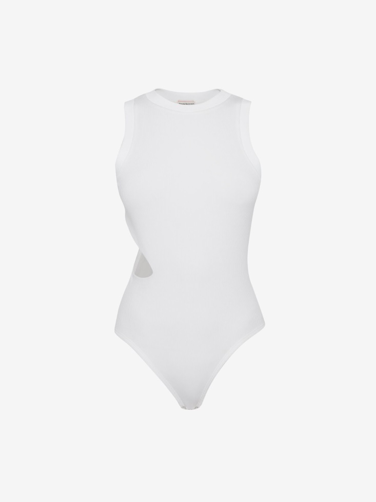 Fashion Alexander McQueen Optical White Women's Slashed Ribbed Bodysuit