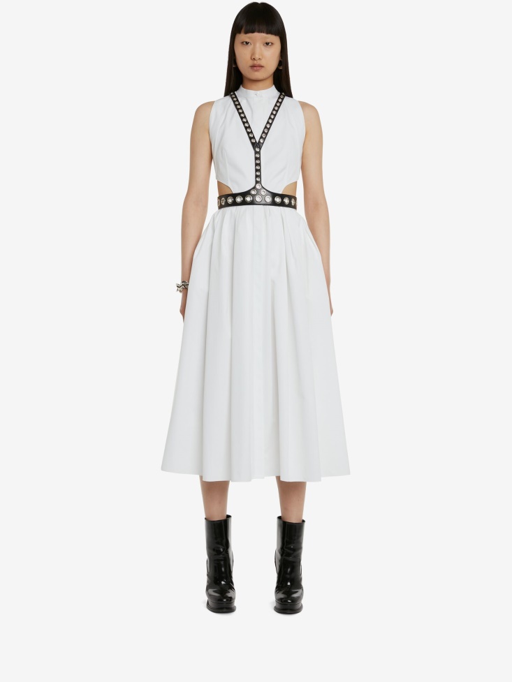 Fashion Alexander McQueen Optical White Women's Slashed Sleeveless Dress