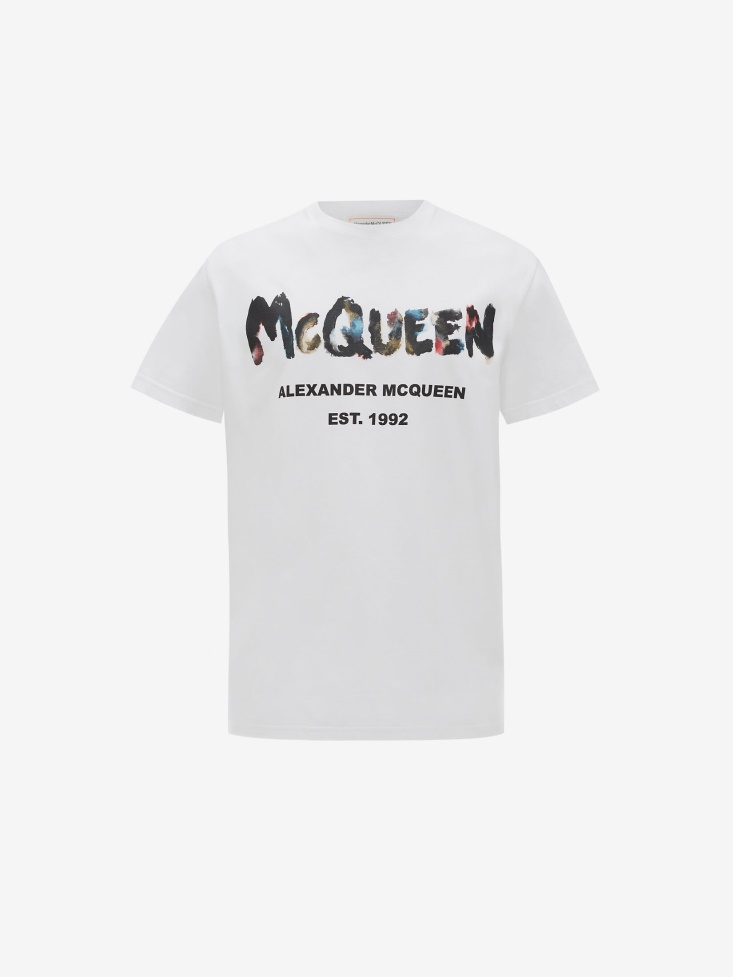White/Multicolour Men's Watercolour Graffiti T-Shirt Fashion Alexander McQueen