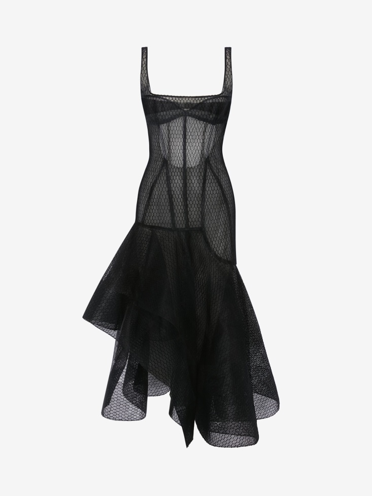 Fashion Alexander McQueen Black Women's Asymmetric Fishnet Tulle Dress