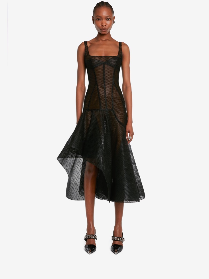 Fashion Alexander McQueen Black Women's Asymmetric Fishnet Tulle Dress