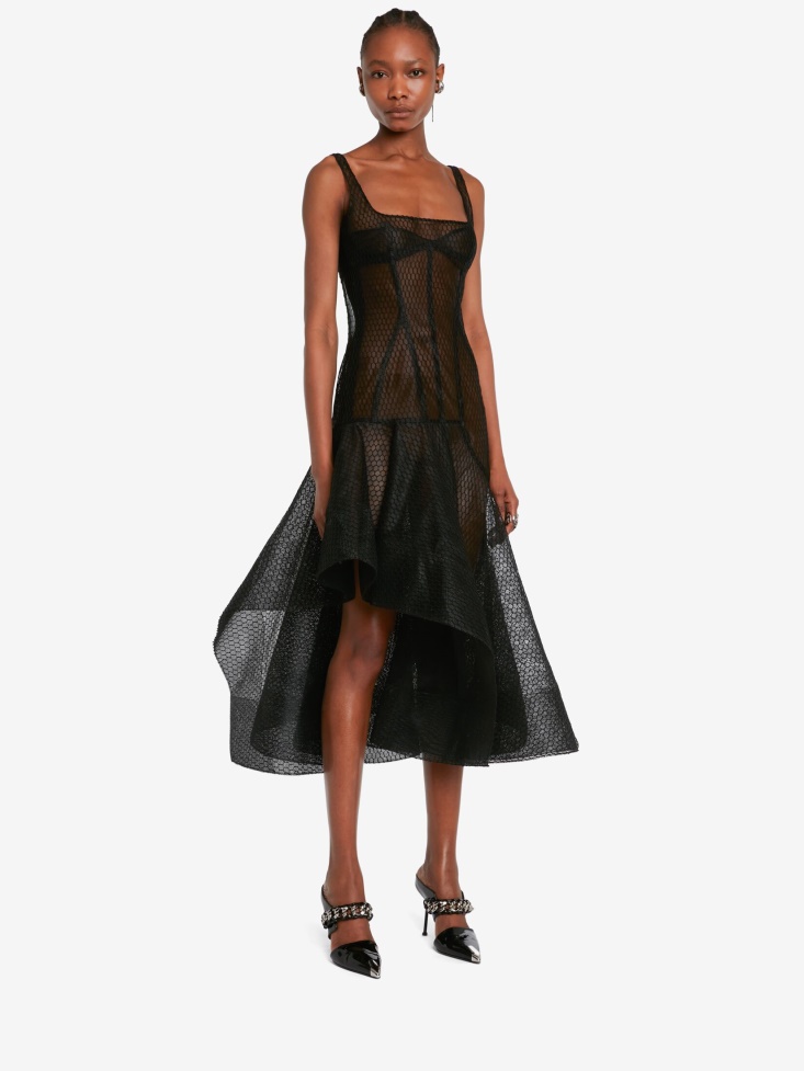 Fashion Alexander McQueen Black Women's Asymmetric Fishnet Tulle Dress