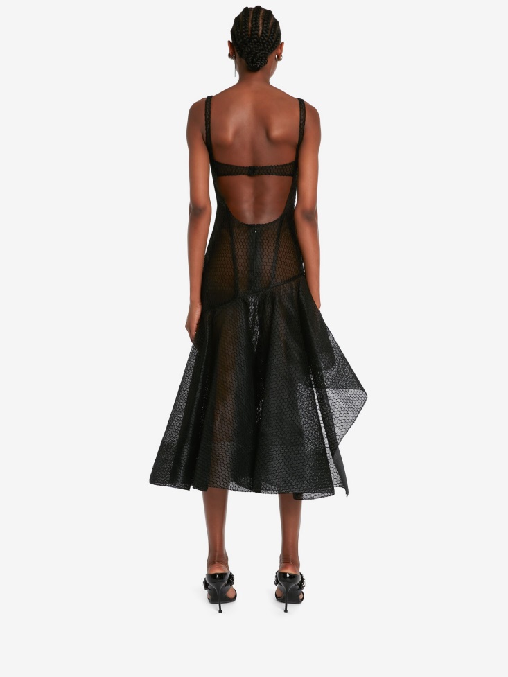 Fashion Alexander McQueen Black Women's Asymmetric Fishnet Tulle Dress
