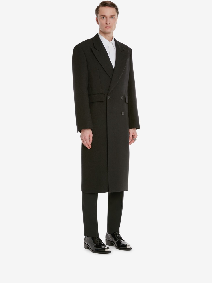 Men's Wool Hopsack Double-Breasted Coat Fashion Alexander McQueen Black