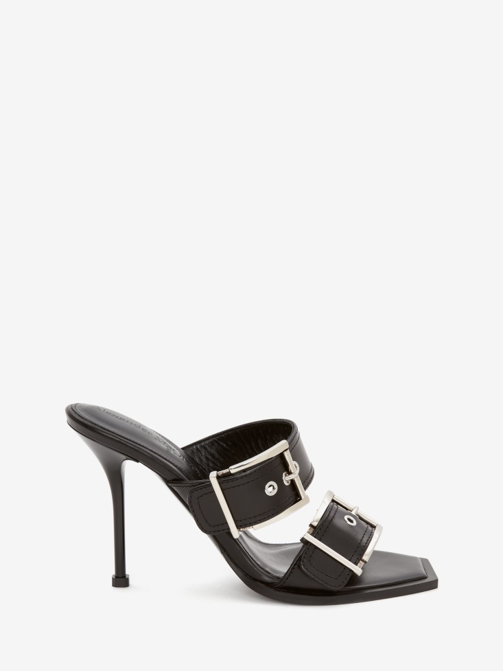 Black/Silver Women's Double Buckle Punk Mule Fashion Alexander McQueen