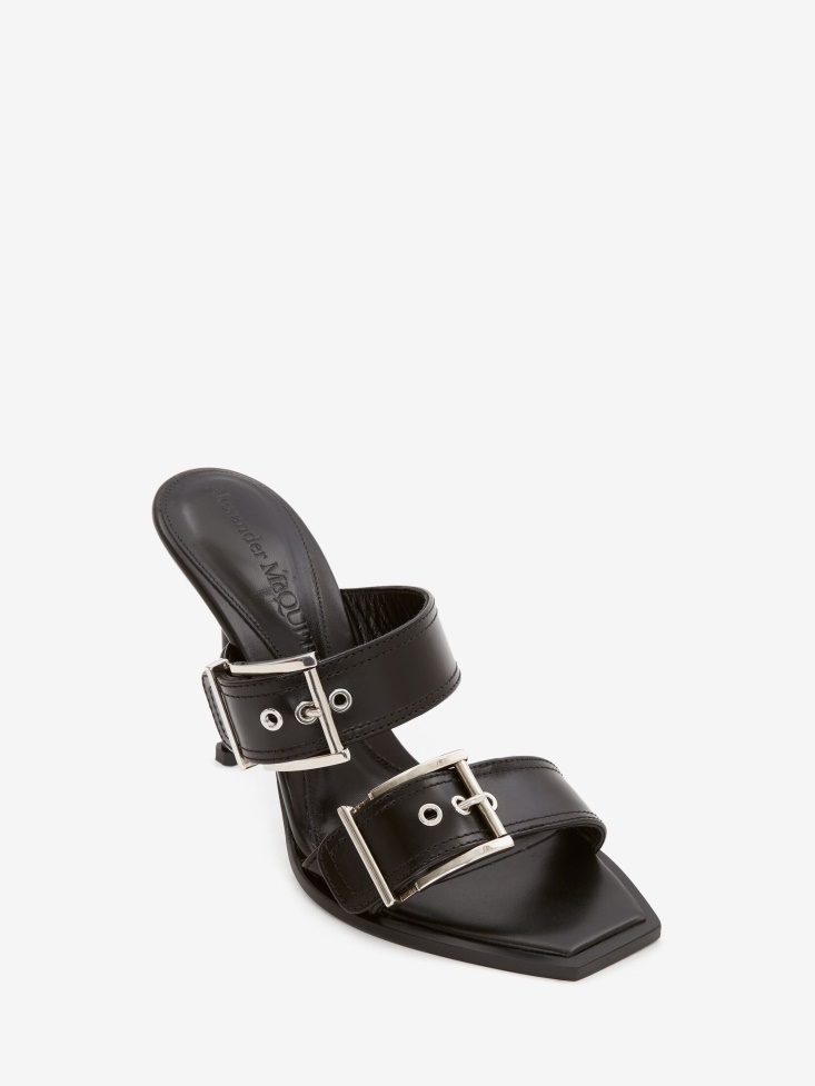 Black/Silver Women's Double Buckle Punk Mule Fashion Alexander McQueen