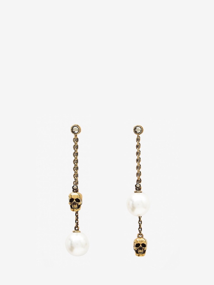 Antique Gold Fashion Alexander McQueen Women's Pearl-Like Skull Chain Drop Earring