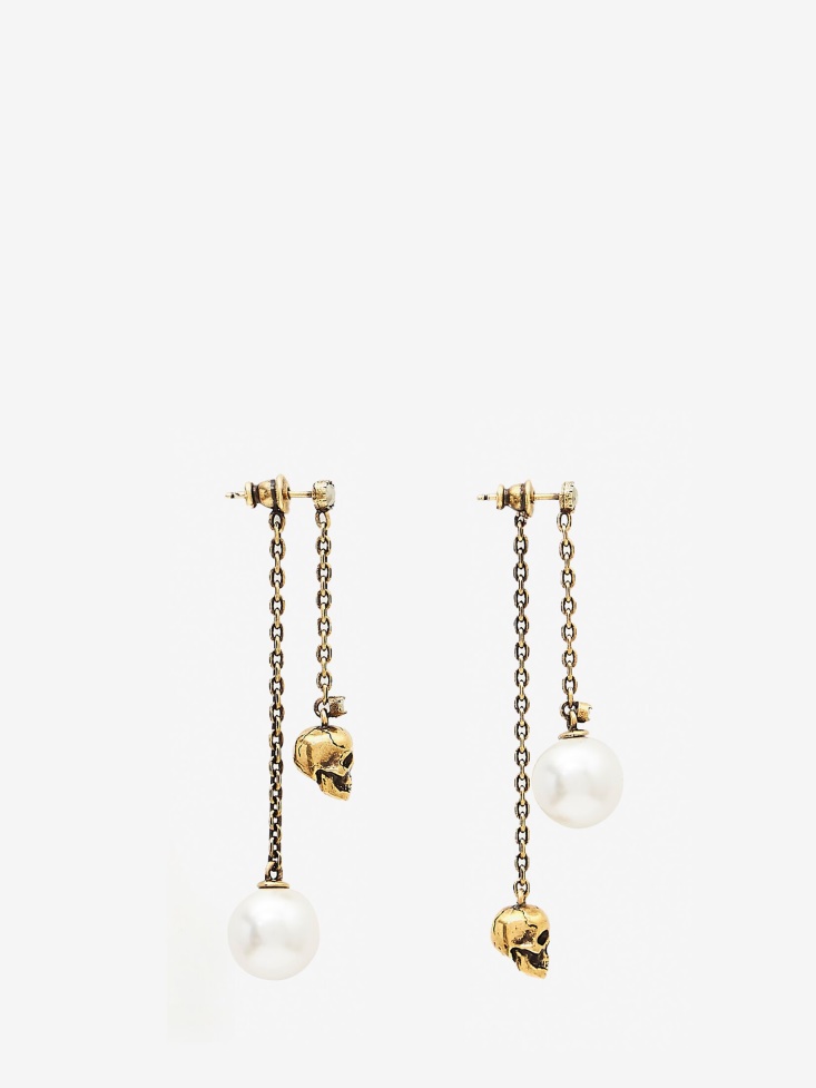 Antique Gold Fashion Alexander McQueen Women's Pearl-Like Skull Chain Drop Earring