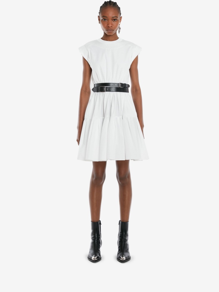 Optical White Women's Hybrid Gathered Mini Dress Fashion Alexander McQueen