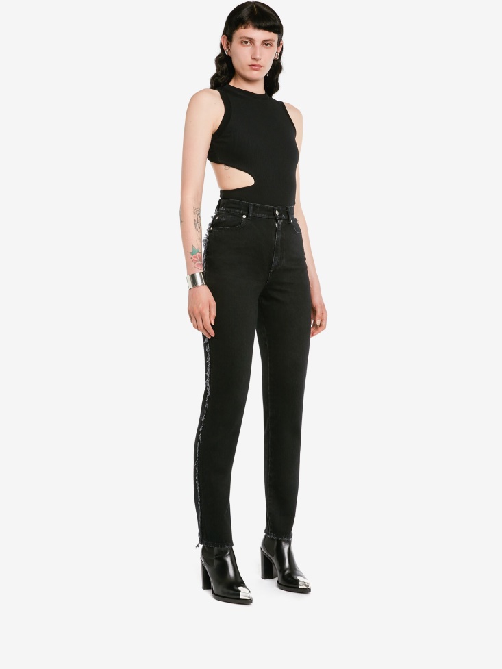 Black Women's Slashed Ribbed Bodysuit Fashion Alexander McQueen