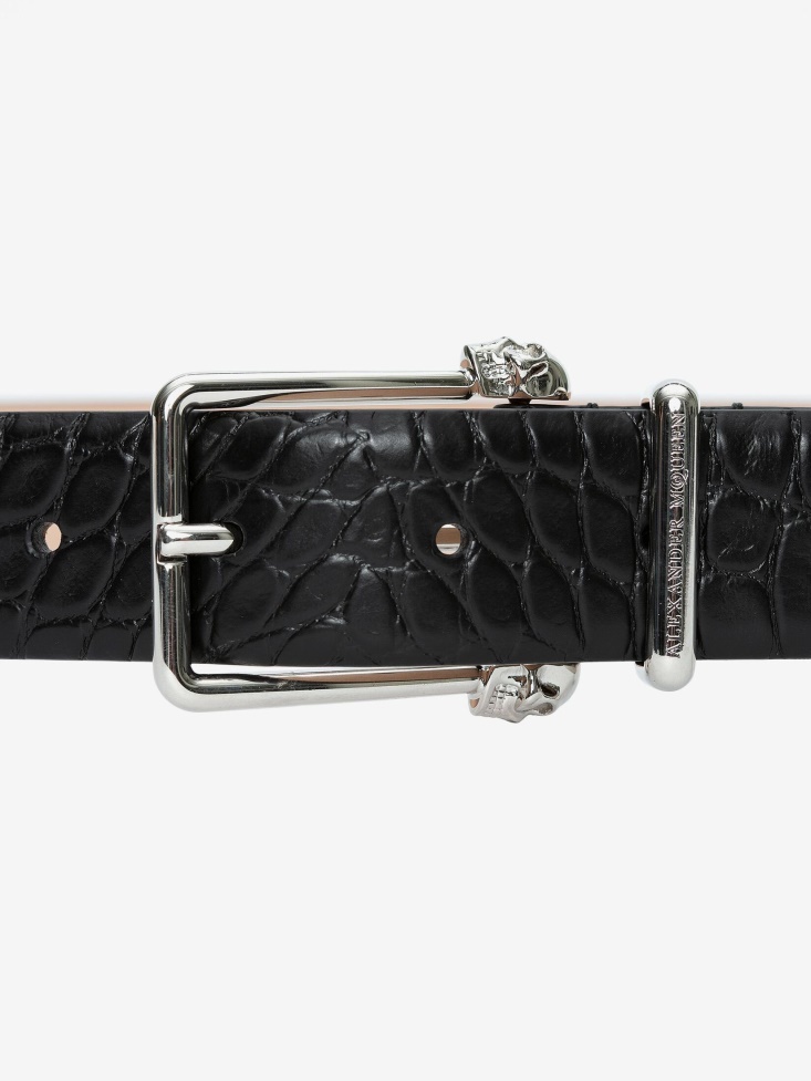 Black Fashion Alexander McQueen Men's Twin Skull Leather Belt