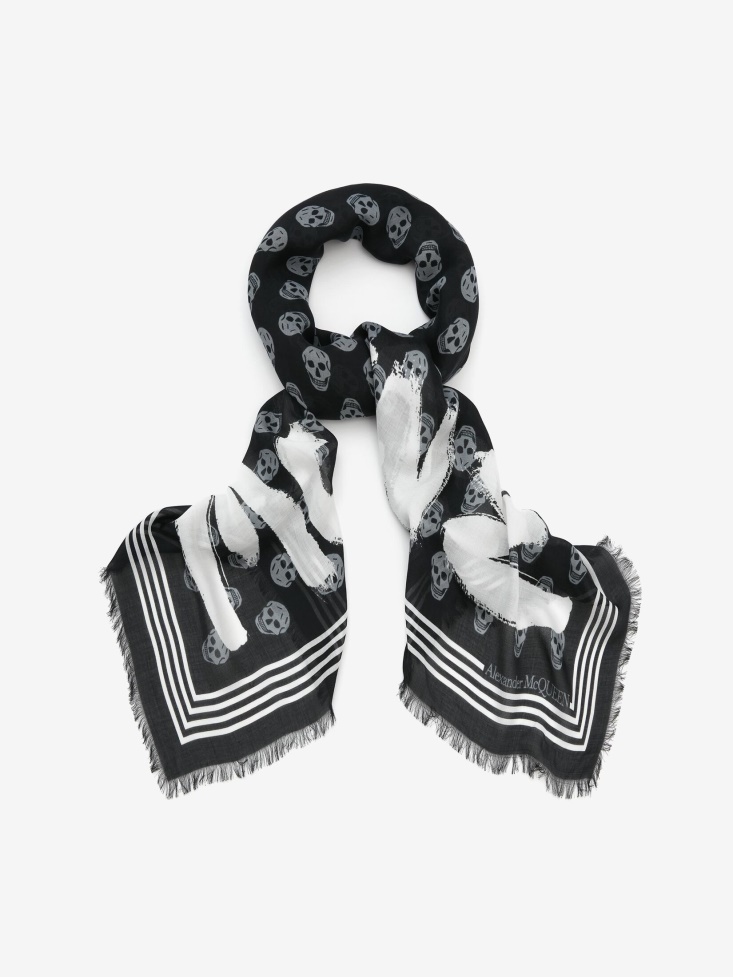 Black/Ivory Fashion Alexander McQueen Men's in Graffiti Biker Scarf