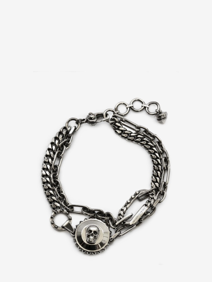 Antique Silver Fashion Alexander McQueen Men's Skull And Stud Chain Bracelet