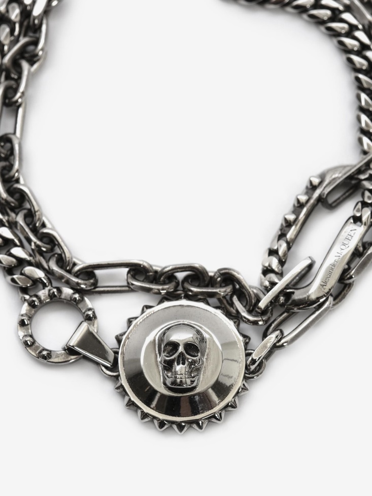 Antique Silver Fashion Alexander McQueen Men's Skull And Stud Chain Bracelet