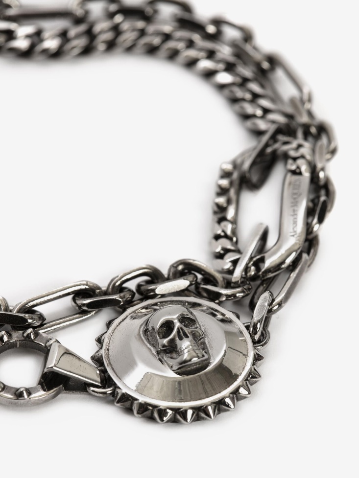 Antique Silver Fashion Alexander McQueen Men's Skull And Stud Chain Bracelet