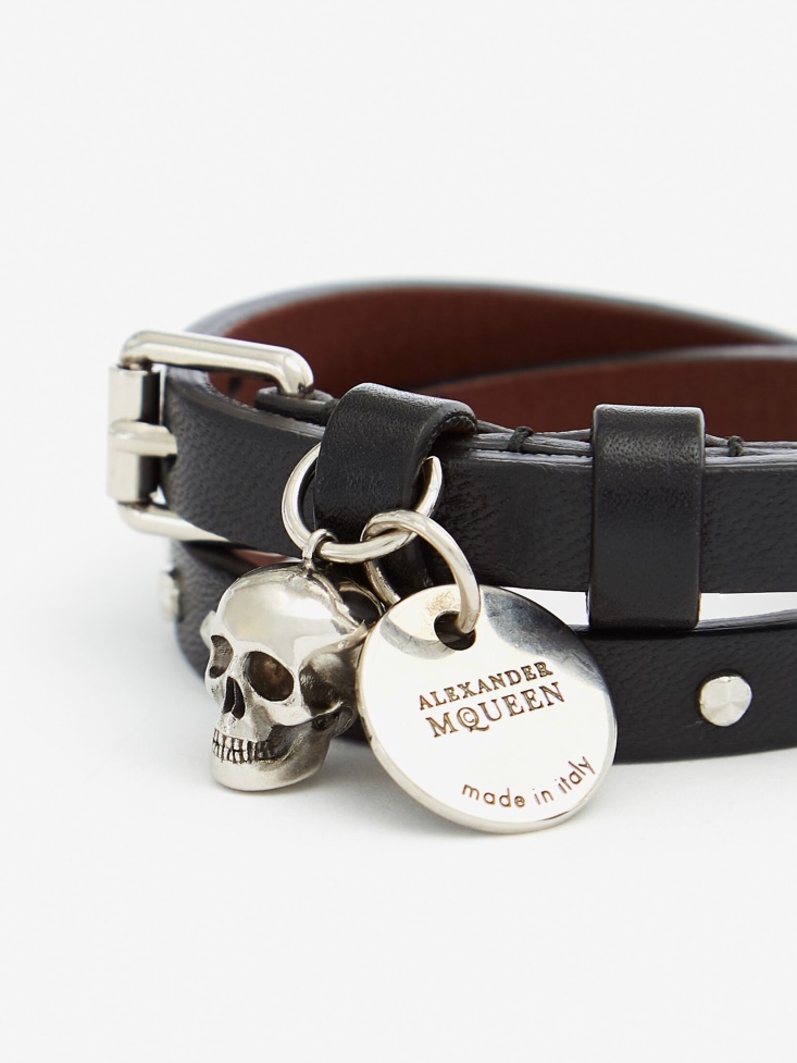 Fashion Alexander McQueen Black Men's Hammered Studs Double-Wrap Bracelet