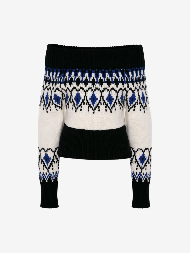 Ivory/Black Women's Wool Off-The-Shoulder Fair Isle Inspired Jumper Fashion Alexander McQueen