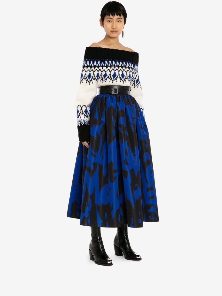 Ivory/Black Women's Wool Off-The-Shoulder Fair Isle Inspired Jumper Fashion Alexander McQueen
