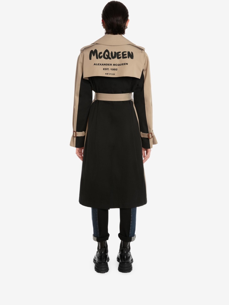 Black/Beige Fashion Alexander McQueen Women's Hybrid in Graffiti Trench Coat