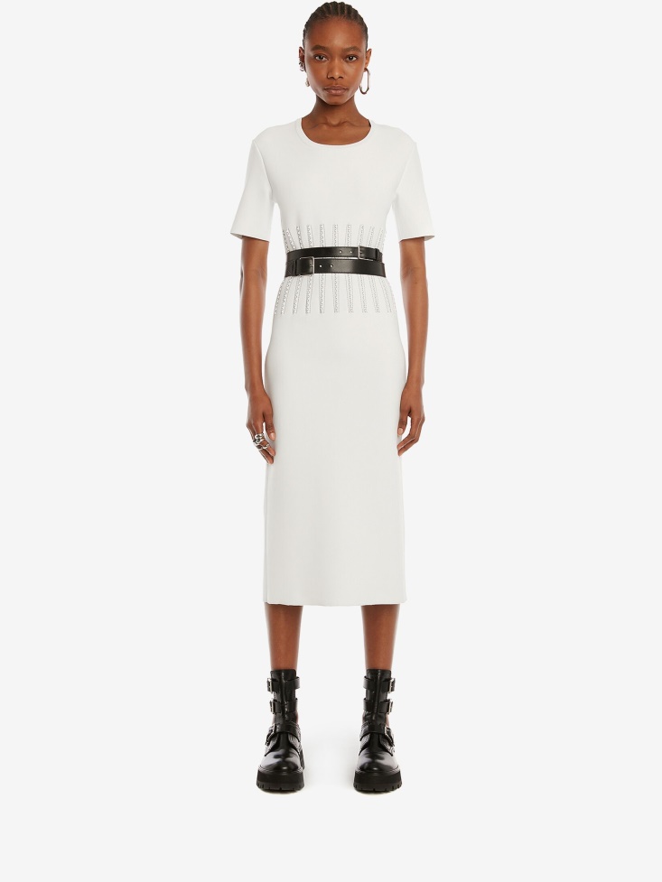Optic White/Black Women's Engineered Jacquard Knit Pencil Dress Fashion Alexander McQueen