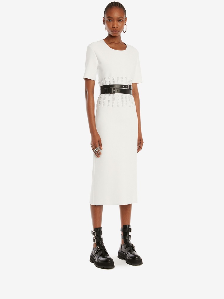 Optic White/Black Women's Engineered Jacquard Knit Pencil Dress Fashion Alexander McQueen