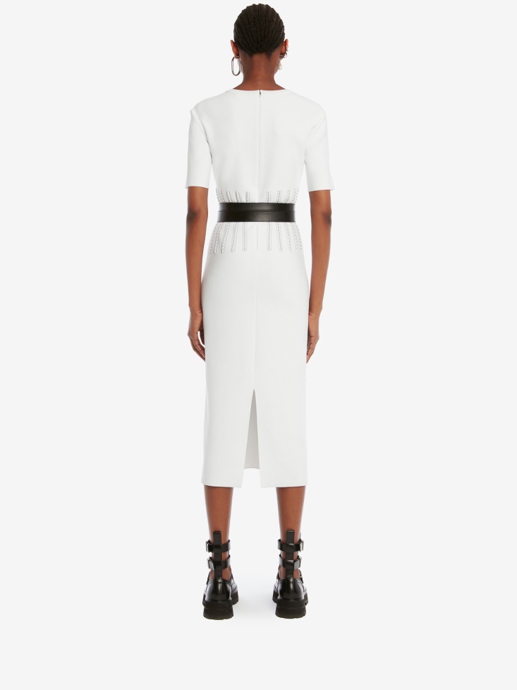 Optic White/Black Women's Engineered Jacquard Knit Pencil Dress Fashion Alexander McQueen