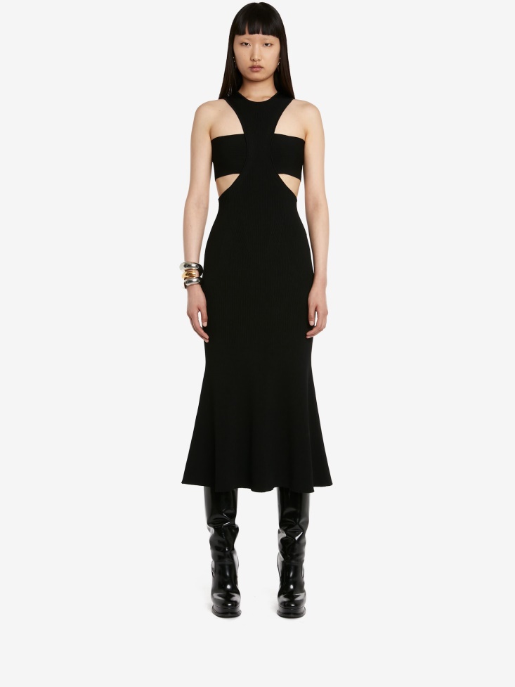 Women's Ribbed Knit Slashed Harness Dress Black Fashion Alexander McQueen