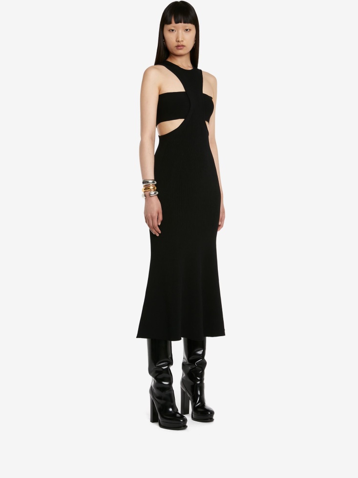 Women's Ribbed Knit Slashed Harness Dress Black Fashion Alexander McQueen
