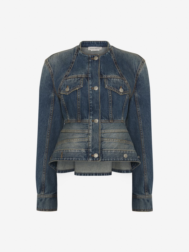 Women's Peplum Denim Jacket Washed Blue Fashion Alexander McQueen
