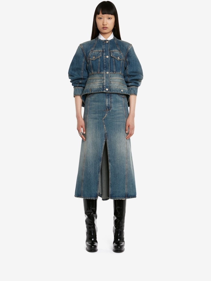 Women's Peplum Denim Jacket Washed Blue Fashion Alexander McQueen