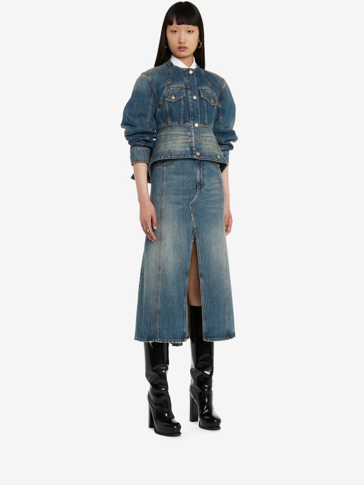 Women's Peplum Denim Jacket Washed Blue Fashion Alexander McQueen