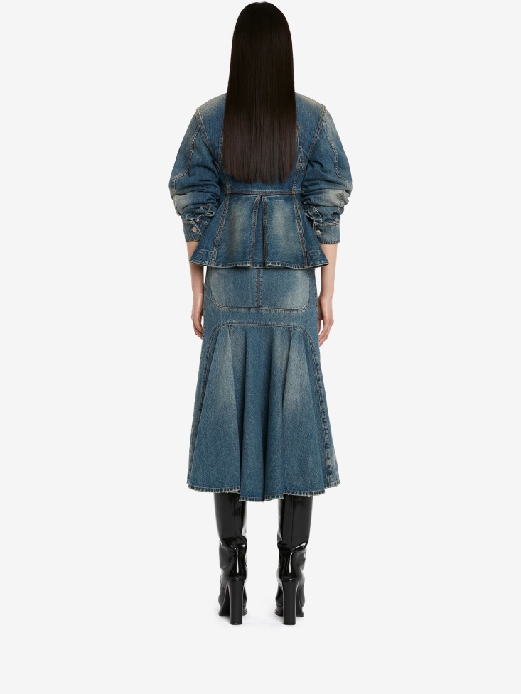 Women's Peplum Denim Jacket Washed Blue Fashion Alexander McQueen