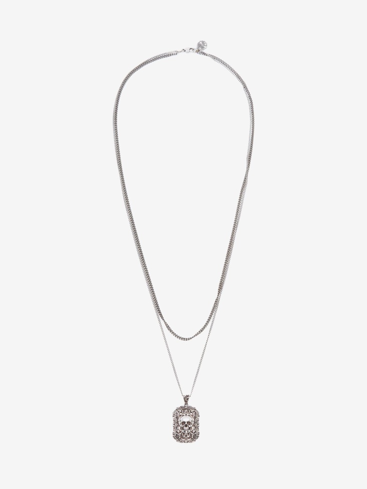 Antique Silver Fashion Alexander McQueen Men's Engraved Skull Necklace