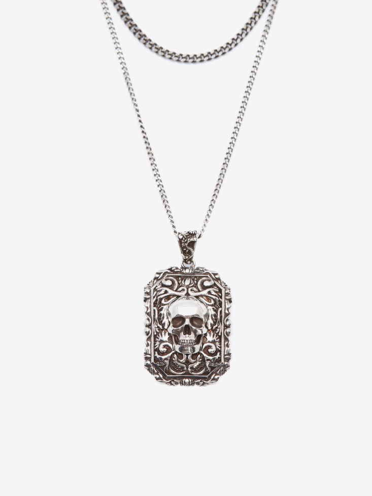 Antique Silver Fashion Alexander McQueen Men's Engraved Skull Necklace