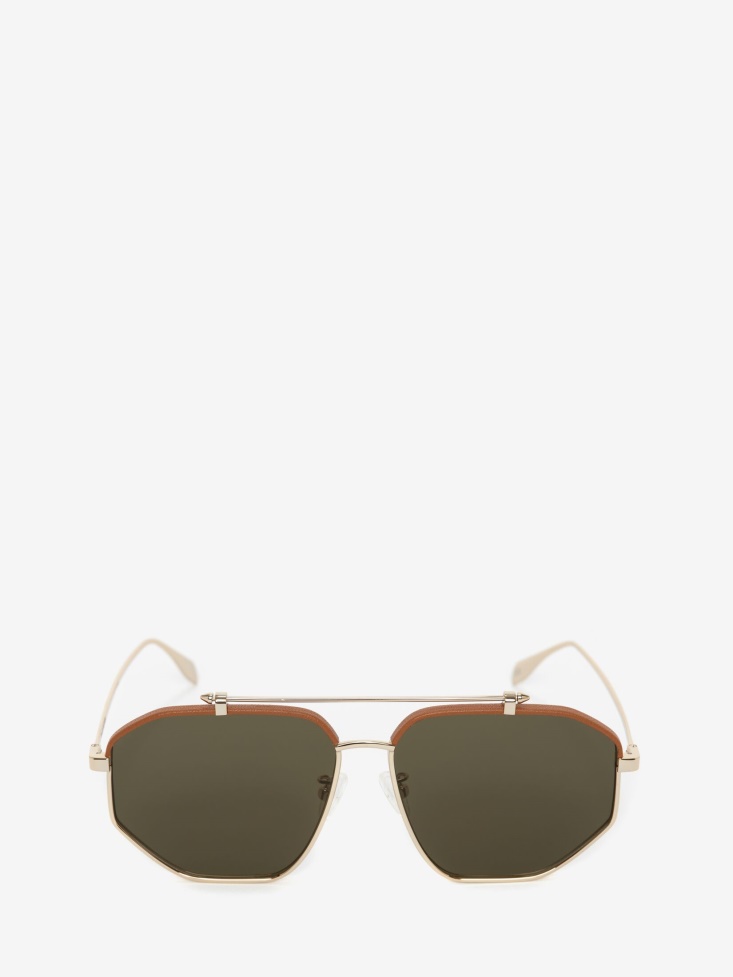 Fashion Alexander McQueen Gold Top Piercing Leather Sunglasses