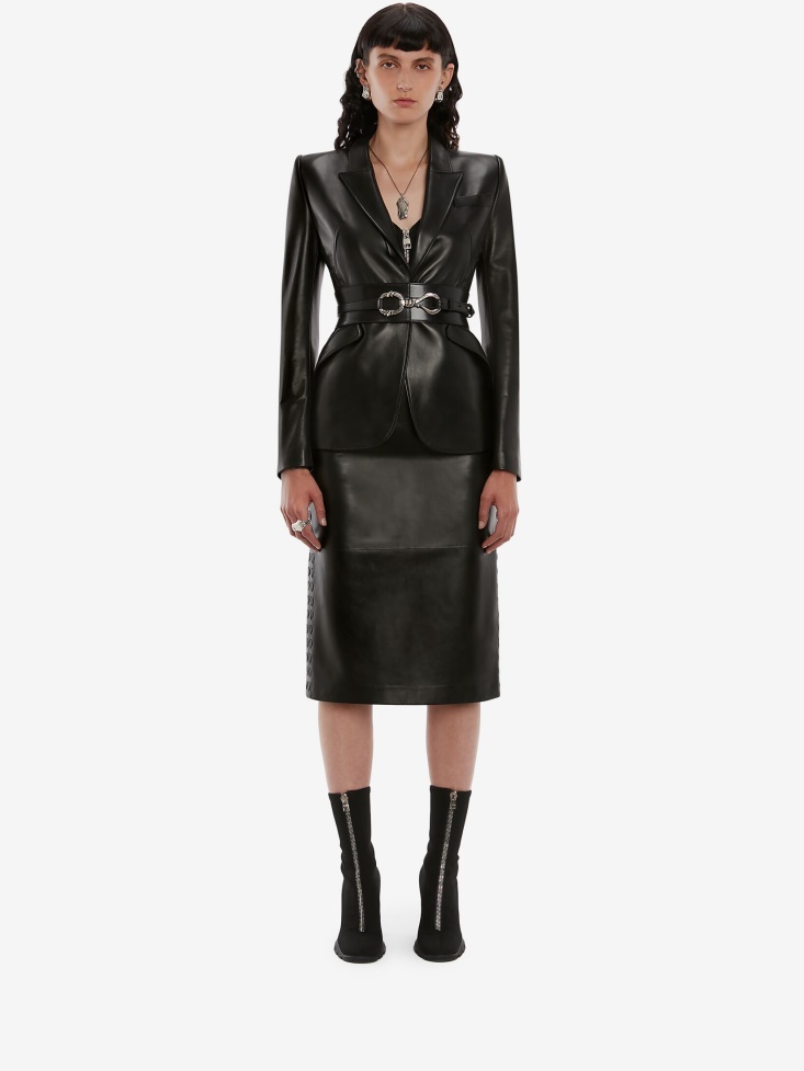 Black Women's Couture Stitch Leather Jacket Fashion Alexander McQueen